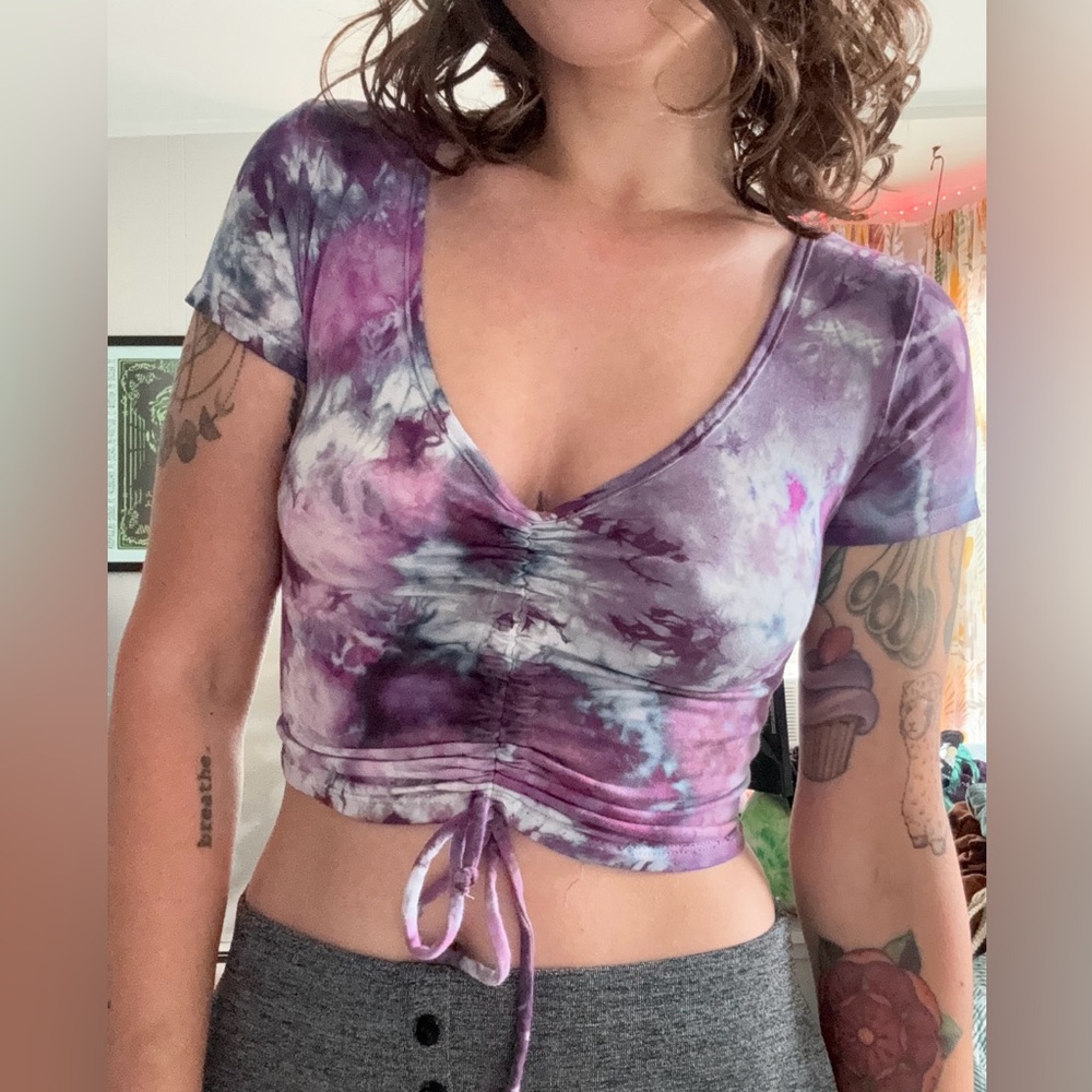 Odd Cow dyes, Purple Tie-Dye Ruched Crop Top, Warrior Within shirt